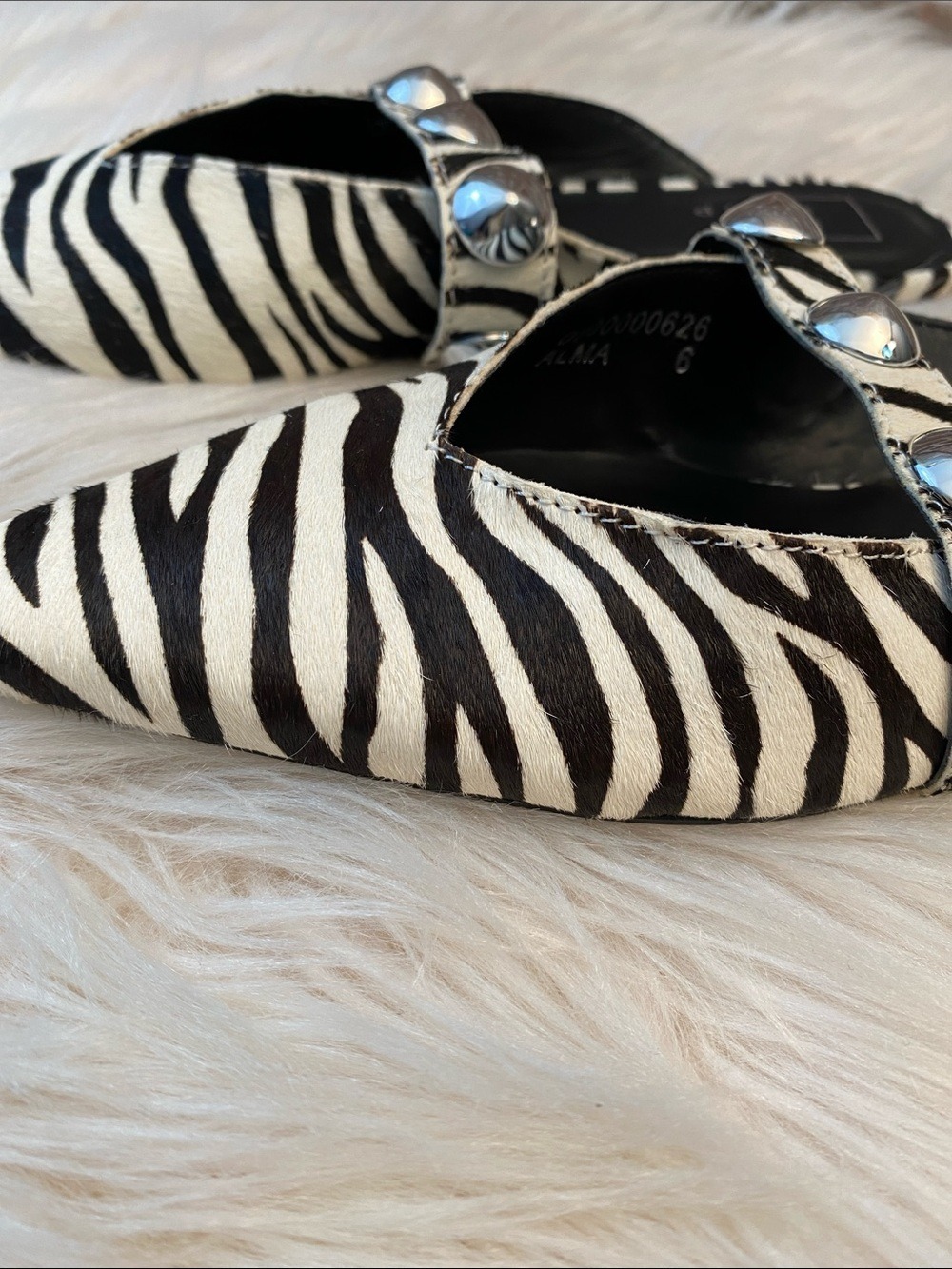 Shu Shop Alma Leather Zebra Hair Studded Pointed Toe Mules, Size 6 - Picture 9 of 16